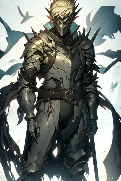 man, blond hair, short hair, green eyes, wears a mask that covers his entire face, only leaving his eyes and ears showing and his hair is also showing, pointy ears, wears a blue cloak with a contrasting black and has a symbol of a dragon with a white sword on it, he wears armor on his waist, the scene is a field full of swords