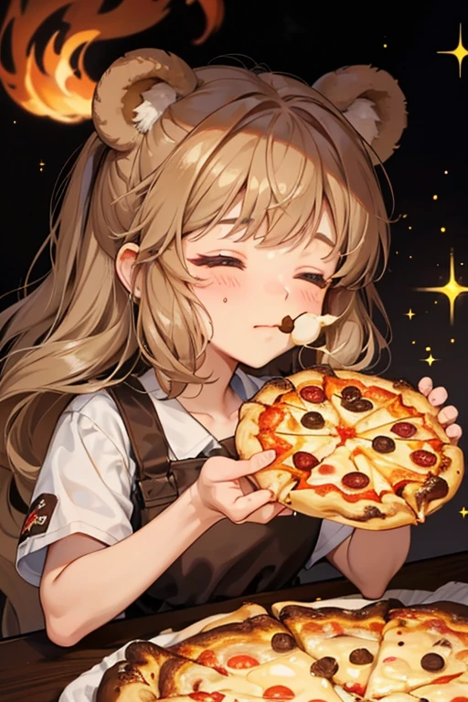 A light brown pizza girl bear with shut eyes. sHe has crust on the bottom, and gooey, toasted marshmallow seeps down her face, adorned with a few burnt marshmallows and three chocolate chips. SPARKLE; GLITTER