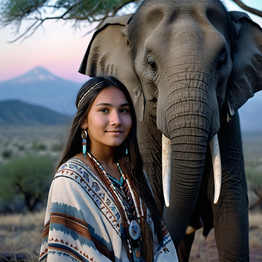 (grainy:0.5), cinematic, beautiful girl 25 year old,native american,fantasy,(solo:1.3), detailed eyes, detailed face, detailed native american clothing , volumetric lighting, dusk, extremely detailed background, standing next to tree and mountain, smiling, half closed eyes, tilted head, from side, sitting next to her elephant