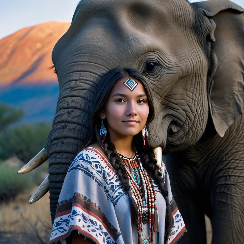 (grainy:0.5), cinematic, beautiful girl 25 year old,native american,fantasy,(solo:1.3), detailed eyes, detailed face, detailed native american clothing , volumetric lighting, dusk, extremely detailed background, standing next to tree and mountain, smiling, half closed eyes, tilted head, from side, sitting next to her elephant