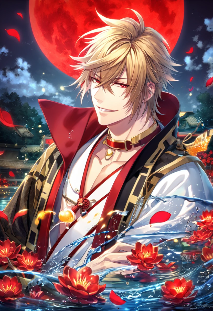 absurdres, highres, ultra detailed, HDR, master piece, Kazama Chikage, honey blonde hair, expressive red eyes, white kimono with red trim, a dark-brown collar with yellow and red trim, black haori with yellow trim, Hakuouki, sexy man, water, handsome, best quality, red flowers, fantasy, magical, solo, red shining fireflies, red petals, handsome smile, red moon,