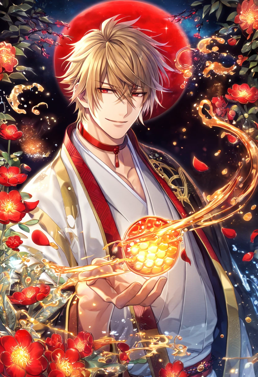 absurdres, highres, ultra detailed, HDR, master piece, Kazama Chikage, honey blonde hair, expressive red eyes, white kimono with red trim, a dark-brown collar with yellow and red trim, black haori with yellow trim, Hakuouki, sexy man, water, handsome, best quality, red flowers, fantasy, magical, solo, red shining fireflies, red petals, handsome smile, red moon,