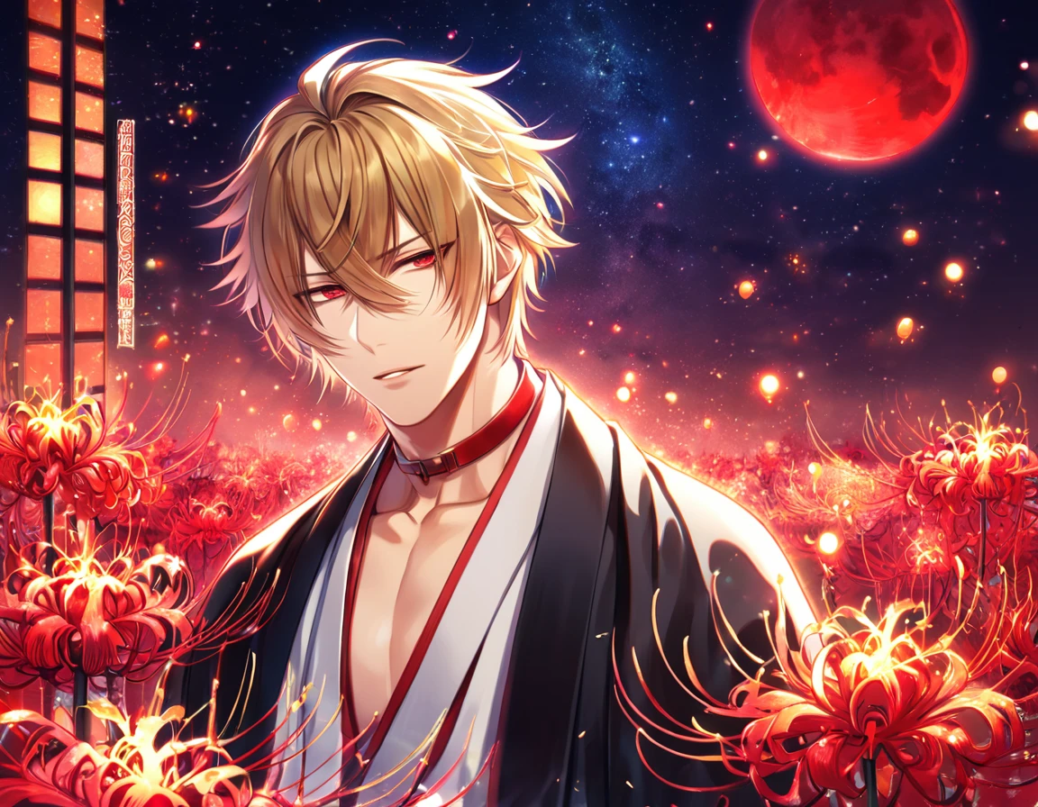 absurdres, highres, ultra detailed, HDR, master piece, best quality, extremely detailed, Kazama Chikage, honey blonde hair, expressive red eyes, Hakuouki, solo, sexy man, handsome, sensual, black haori, white kimono, brown and red collar, fantasy, red blood water, sparkling, red glittering fireflies, red moon, red blossoms, red spider lilies, red sparkling lights, starry sky, magical