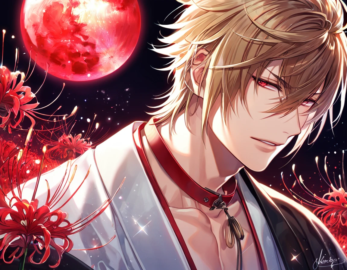 absurdres, highres, ultra detailed, HDR, master piece, best quality, extremely detailed, Kazama Chikage, honey blonde hair, expressive red eyes, Hakuouki, solo, sexy man, handsome, sensual, black haori, white kimono, brown and red collar, fantasy, red blood water, sparkling, red glittering fireflies, red moon, red blossoms, red spider lilies, red sparkling lights, starry sky, magical