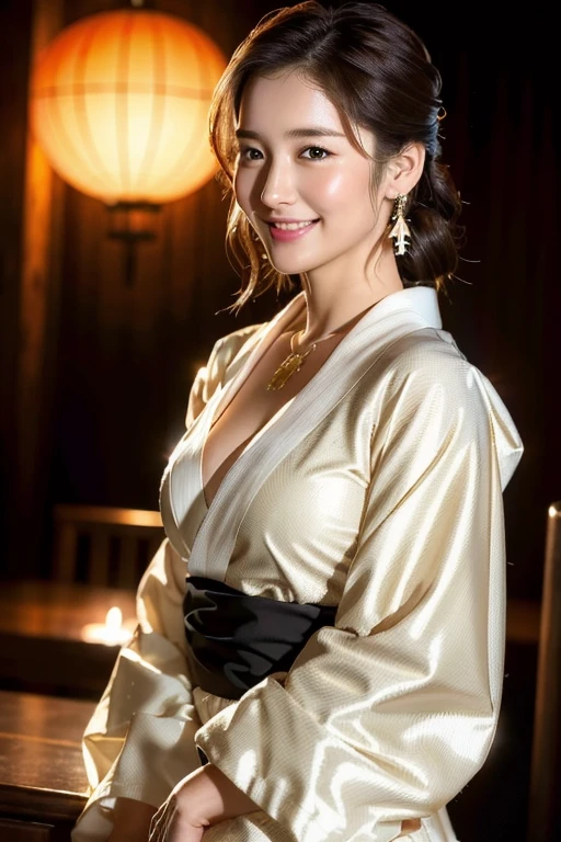 (Carp pattern yukata:1.2), (A pure and elegant girl:1.2), (Layered Hairstyles, Dark brown hair), Medium Long Hair, (whole body), (Large Breasts:1.1), (A shy smile:1.2), (Looking at the audience), (Fine dining Japanese restaurant with full moon view), masterpiece, Highest quality, (Realistic, photo-Realistic:1.37), 8k, Highly detailed face and skin texture, Detailed eyes, double eyelid, Pale Cheeks, Wet eyes:1.2, Shiny little necklace and earrings, Glossy Lips: 1.4, Fair skin:1.2, Beautiful Abs,