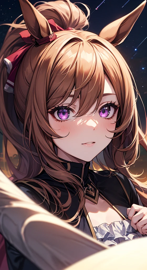 Admire Vega \(umamusume\) 1 girl, alone, Highest quality, masterpiece, 8k, High resolution, Portraiture, View your viewers, Old Sky, milky way, Calamus, Purple eyes, bangs, Hair between the eyes, ponytail,Brown Hair, Long Hair, Horse&#39;s ears, Ma Niang, Horse tail, Completely naked, gem, jewelry, Beautiful nudes, Super big breasts,Beautiful breasts