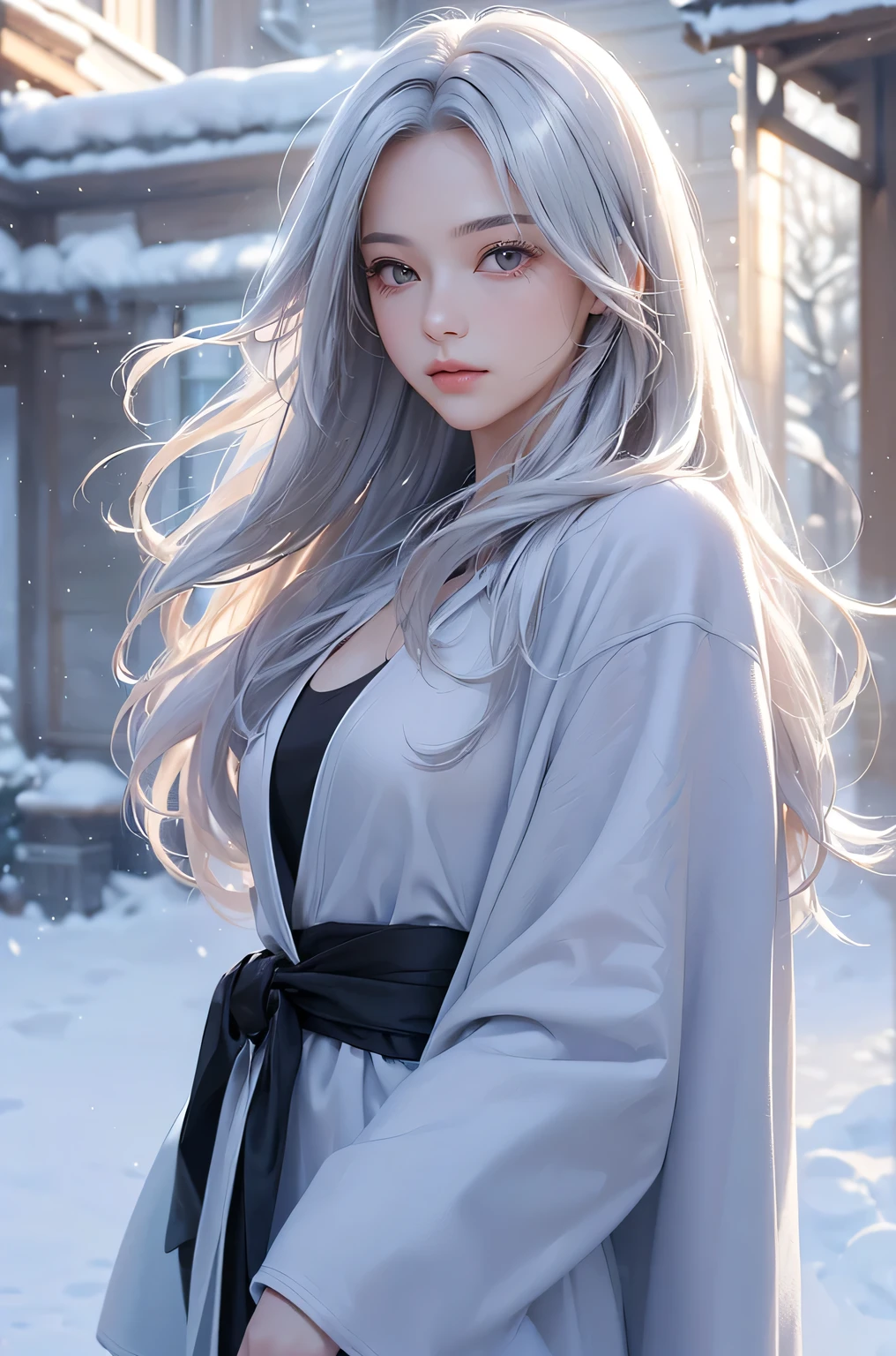 ((masterpiece:1.5、8k、Portraiture、Photorealistic and very detailed CG、Very detailed、Particle Effects、Dynamic Effects、Shallow depth of field、Cinematic Light、Lens flare、Ray Tracing、Tabletop、Realistic:1.4、Ultra-high resolution:1.2、Realistic、Realistic))((alone、Woman wearing a cashmere coat:1.4、Elegant woman posing、Detailed face、brightexpression、young, bright, Whiter skin、Ample breasts、Best Looks、Ultimate beauty、Shiny silver hair with highlights、bright and shiny hair,、Super long, Silky straight hair、Hair dancing in the wind))(morning、The setting is outdoors in the snow、Surrounded by illuminations)
