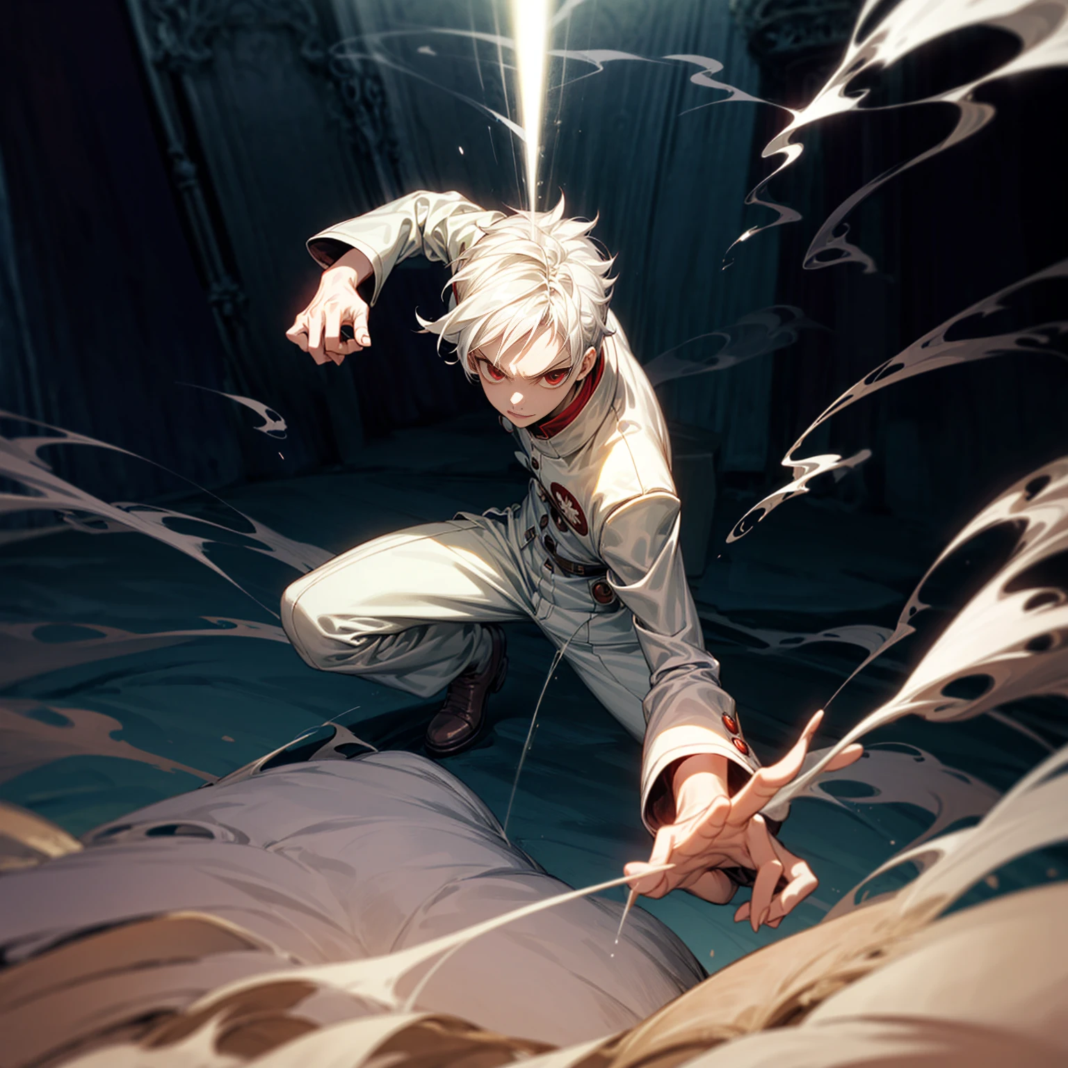 Solo, ??? vampire, ??? boy, Full body version, light red eyes, wavy haircut, white color hair, suit style outfit, Grassroots, full background indoor room Castle, motion blur, lighting, (one piece style art), smoke on hand, smoke in hand, battle gesture 