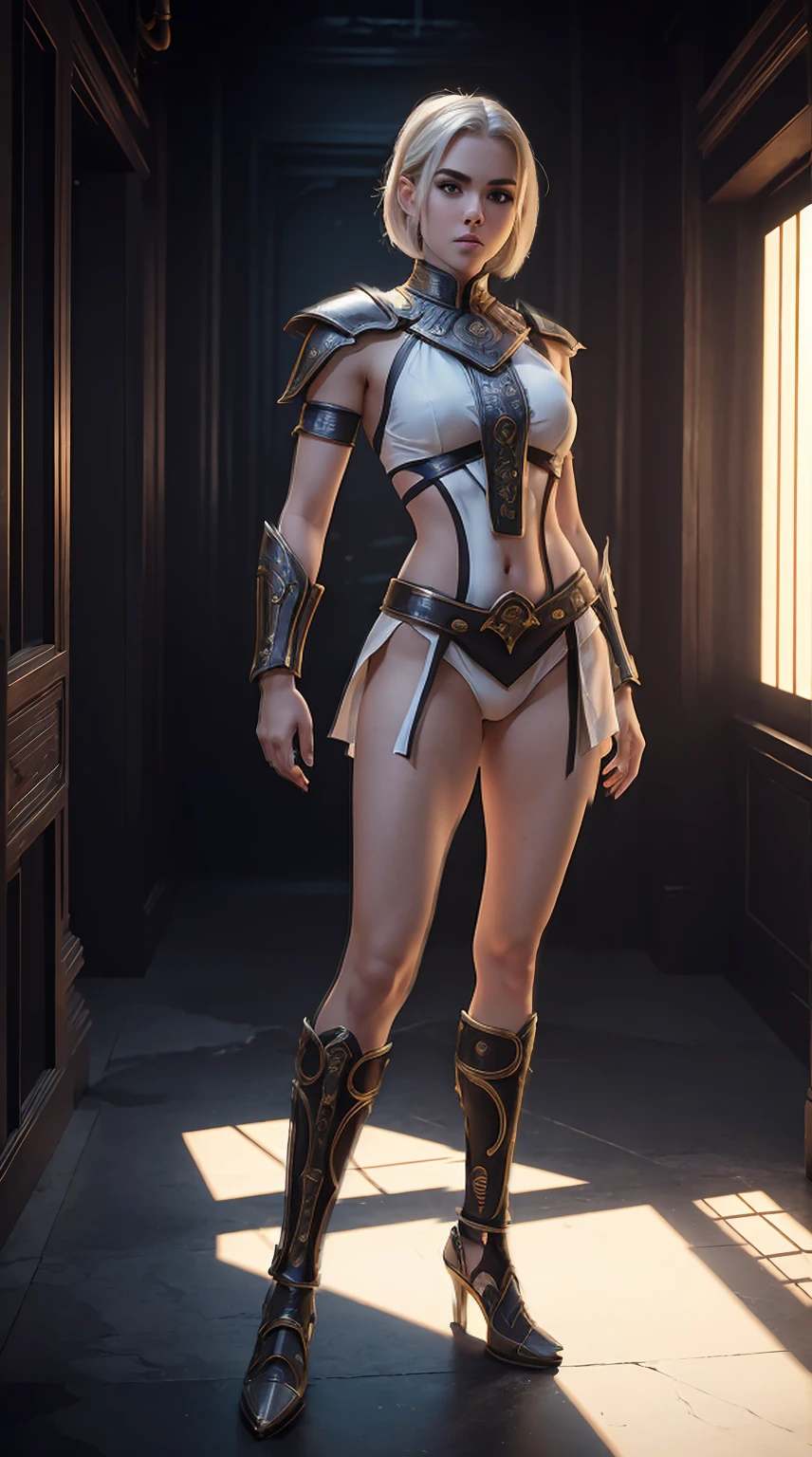 ((Full body photo, standing, on the floor))Kiernan shipka, white one side shaved haircut, in mortal kombat Shao Kahn outfit, full body,  pose, cinematic, intricate details, ray tracing, hell background.
