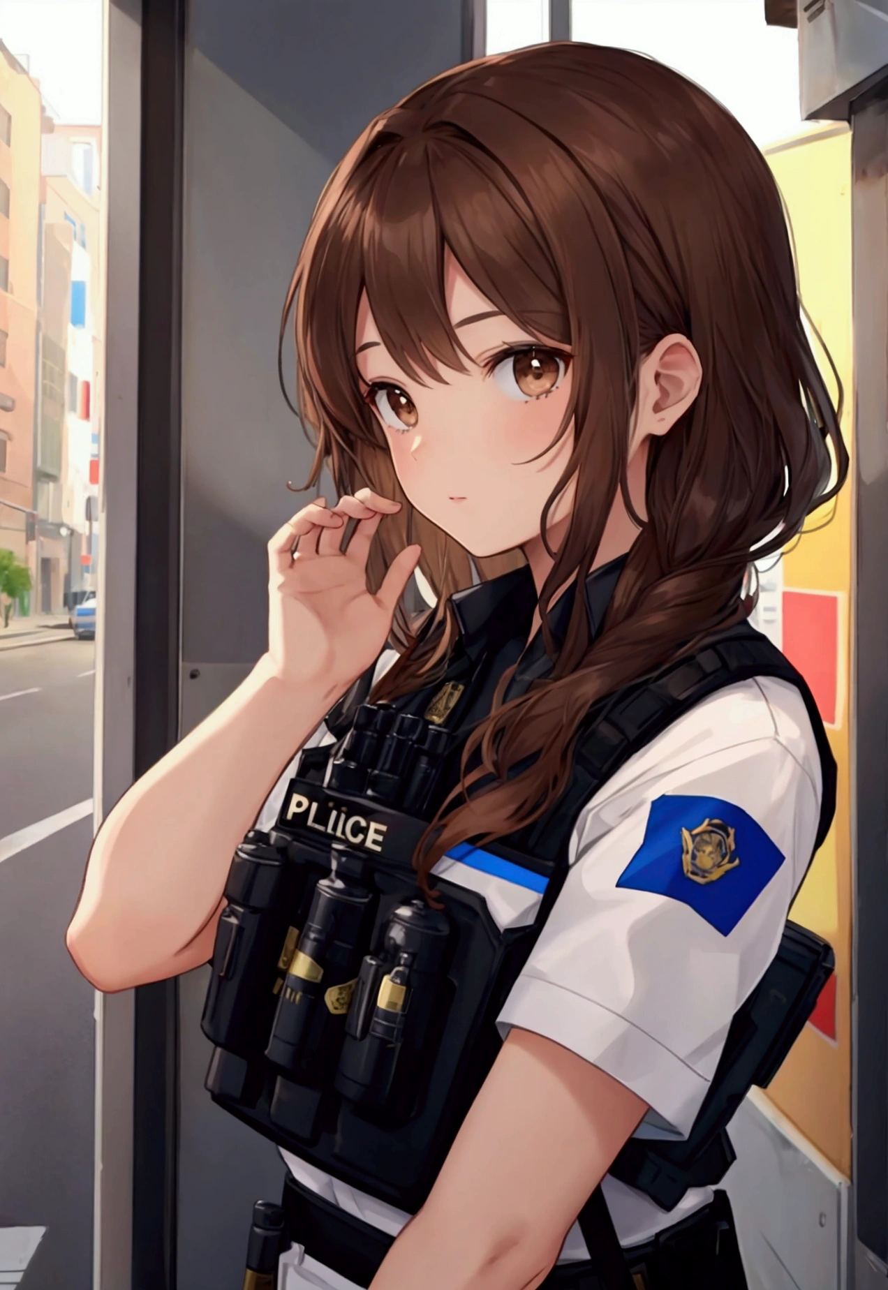 1 male, brown hair, brown eyes, police