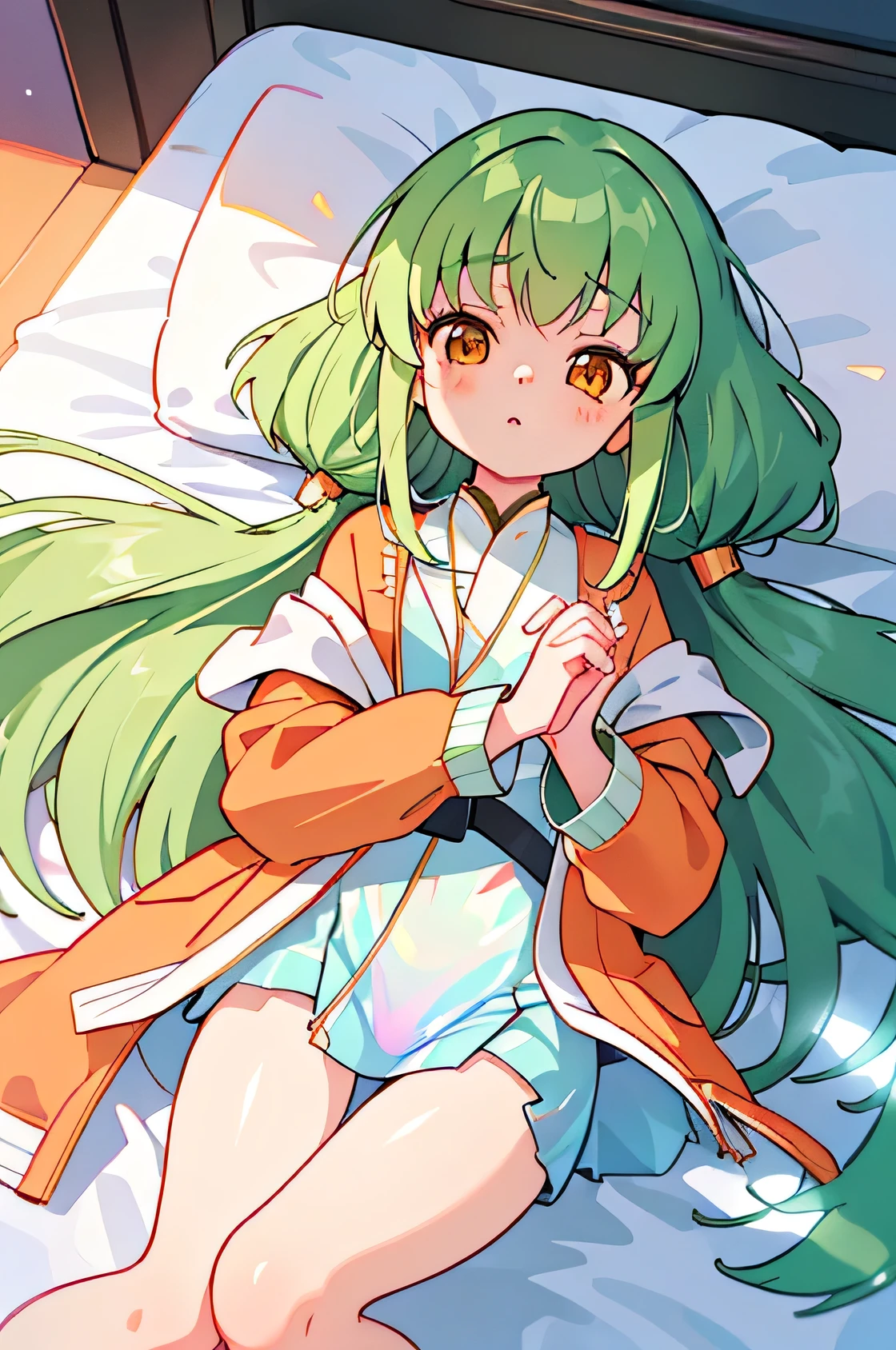 c.c., Expressionless, (Look at other people:1.1), (Lie in:1.2), On the floor, Focus Only, From above,
(masterpiece, Highest quality, Very detailed), (Beautifully detailed face, Beautiful attention to detail), Long sleeve, Put your hands into opposite sleeves,
Orange eyes, Green Hair, Very long hair, (White straitjacket:1.6), Black belt, The legs are off the frame,
mksks style, Beautiful background, (chromatic aberration, Lens flare, indoor, bedroom, bed sheet, bed, Particles of light, Holographic interface:1.2)