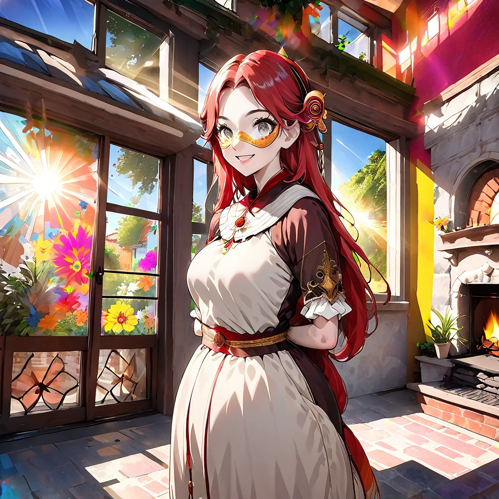 ((((Obra maestra, La mejor calidad, ultrahigh resolution)))), 1girl, standing, elegant dress, girl, ((very small black floppy in full view:1)), (long red hair in view, long hair:0.9, in frame), pale skin, ((grey eyes)), (glowing_eyes, luminescent eyes), (ultra detailed eyes:0.7, beautiful and detailed face, detailed eyes:0.9), ((centered)), smile, ((wide shot)), facing viewer, (((vibrant background of outside, cozy house interior with fireplace, bright lighting, summer, sunlight))), (medium breasts), looking at viewer, ((head, hips, elbows, arms, in view)), (((wide shot wearing a venetian mask)), ((hands behind back)), beautiful lighting, defined subject, (((cool))), ((sun glare, light breeze))