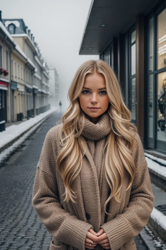 proFessional portrait photograph oF a gorgeous Norwegian girl in winter clothing with long wavy blonde hair, sultry Flirty look, gorgeous symmetrical Face, joli maquillage naturel, wearing élégant warm winter Fashion clothing, ((debout dehors dans une rue enneigée de la ville)), superbe environnement urbain moderne, Ultra réaliste, art conceptuel, élégant, très détaillé, complexe, sharp Focus, depth oF Field, F/1. 8, 85mm, Coup moyen, plan médian, (((proFessionally color graded))), bright soFt diFFused light, (volumetric Fog), tendance sur Instagram, hdr 4k, 8k