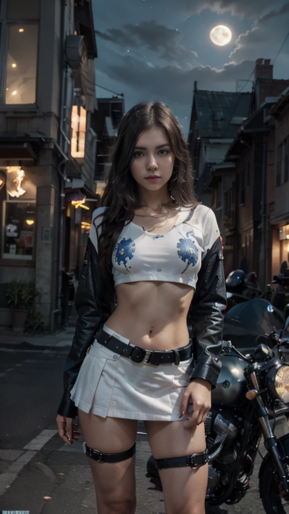 17-year-old waifu poses in front of a futuristic motorcycle, the motorcycle has skulls and blue flames, highly detailed 3D graphics, night landscape with full moon in the background, She wears a white  with 3D skulls and flames and a sailor miniskirt., shackles, HdR, epic realism, High Octane Rendering, artwork, ropa sexy transparente