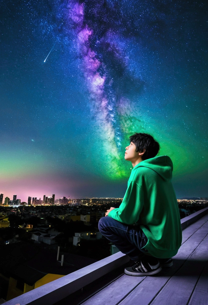 Create your masterpiece while imagining the cityscape below, Above the dark night sky, [purple, green, green, Pink combination color comic fall.] shooting star, Milky Way Galaxy, 17-year-old boy, Black Hair, green shiny eyes, White skin, I&#39;m sitting on the roof of my house and observing the night sky from below with a telescope.、A guy wearing a cool hoodie