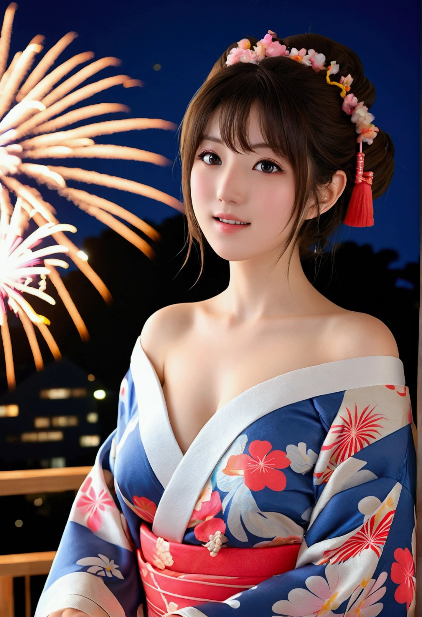 (8k、RAW Photosgraphy、Highest quality、masterpiece:1.2)、(Realistic、Photorealistic:1.37)、Ultra-high resolution、One Girl、cute、solo、night、Sitting、date、(Nose redness)、(Laughter:1.1)、huge 、Beautiful Eyes、(short hair:1.2)、(((Fireworks bursting into the sky、night)))、(((kimono、yukata)))、Cleavage、Perfect body、Perfect Fingers、Professional Lighting、Japanese Goddess、gravure、Detailed face and skin texture、Detailed eyes、RAW Photos,Sexy pose,((I can see your chest)),((I can see your shoulders)),((Off the shoulder)),Take off your yukata,Sitting on the floor,Spread your legs,Cleavageが見える