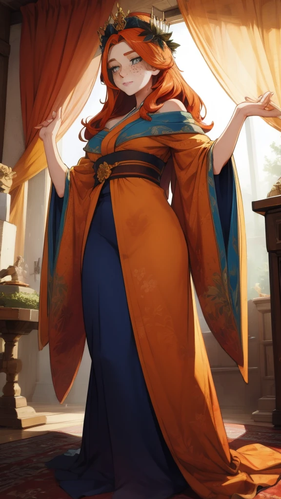 Full-body shot, 18 years old princess bard, (signing),  striking figure, long ginger hair, wavy hairs, fair skin, (((freckles))), innocent and regal appearance, expressive eyes filled with curiosity and determination, slender frame, elegant grace, ornate orange kimono with black and white borders, feather crown, in a forest