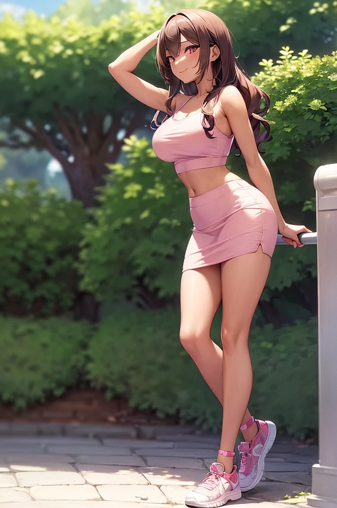 ((masterpiece, best quality, ultra-detailed)), 1girl, beautiful woman in park, smiling, blush, wearing pink cropped tank top and headphones, gray midi pencil skirt, long length skirt, sneakers, full body, wavy red hair, wide hips, hand on hip, summer garden, park