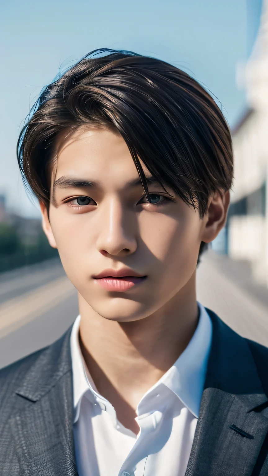 Highest quality, masterpiece, Ultra-high resolution, (Realistic: 1.4), Original photo, wallpaper, Head Photo, skin, Simple Background, Iris, detailed, Selfie, 1 boy, 18-year-old, good looking, Wind,suit