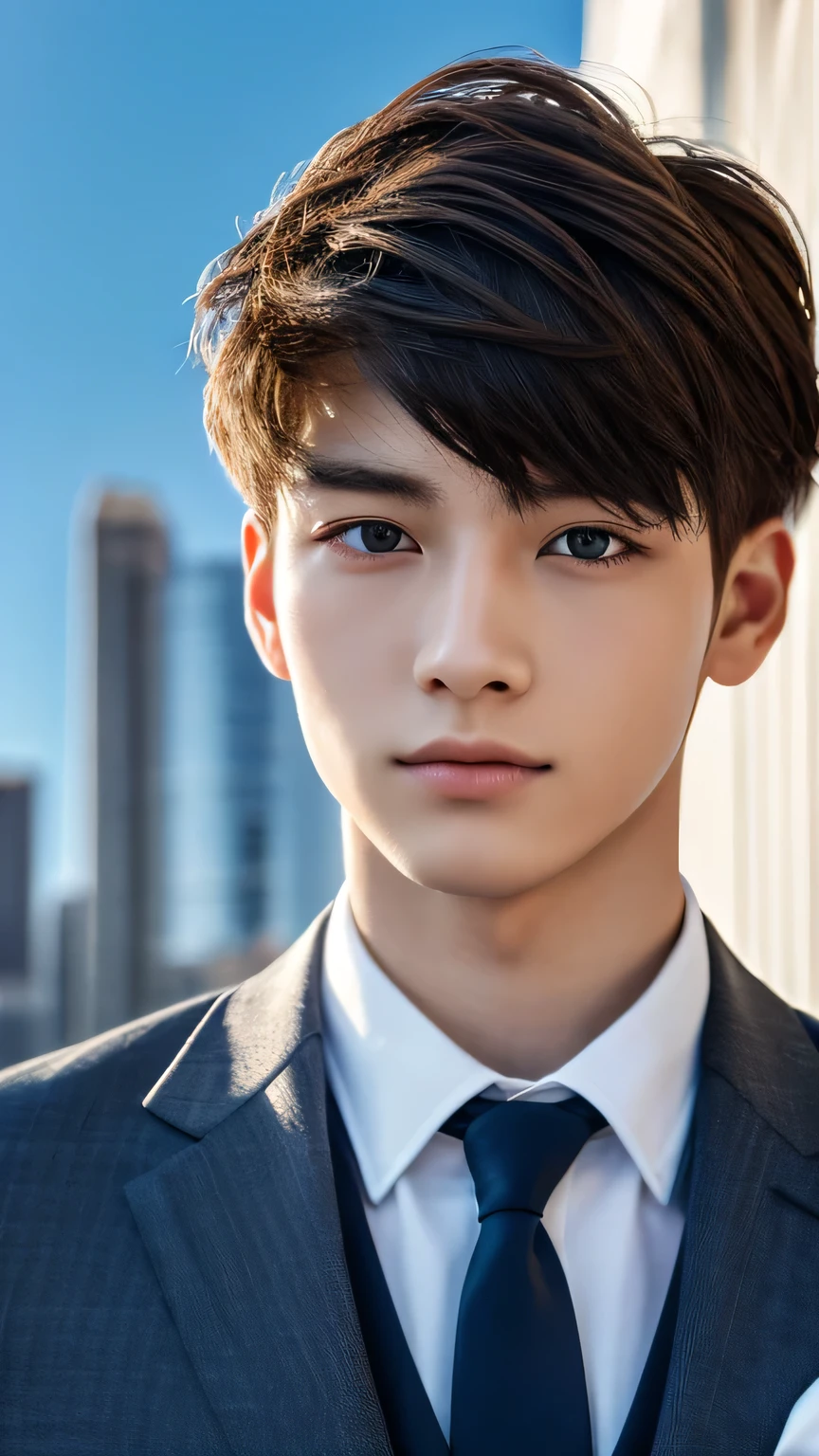Highest quality, masterpiece, Ultra-high resolution, (Realistic: 1.4), Original photo, wallpaper, Head Photo, skin, Simple Background, Iris, detailed, Selfie, 1 boy, 18-year-old, good looking, Wind,suit