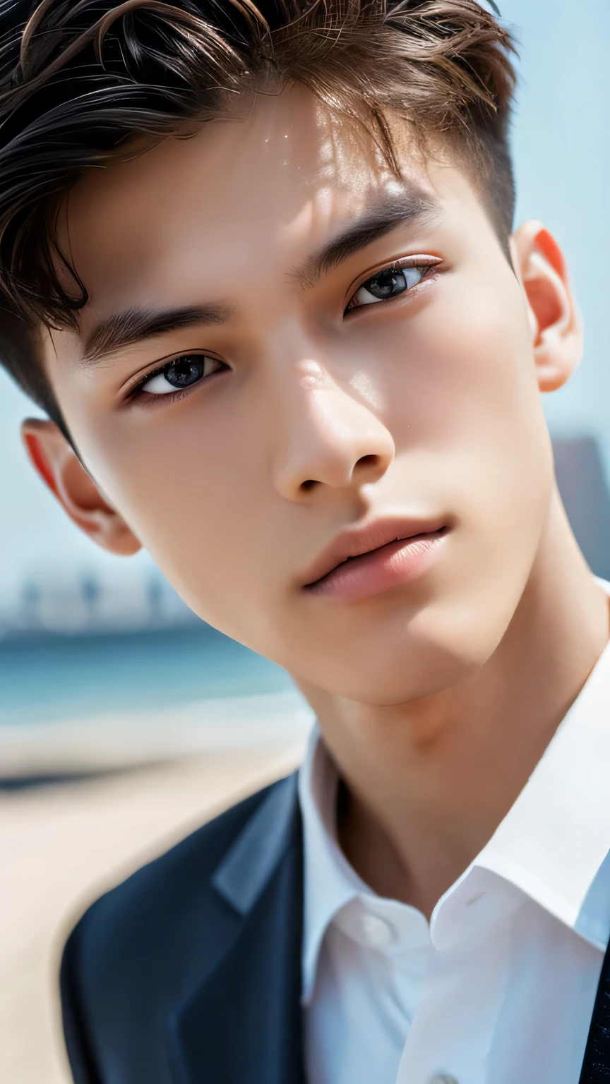Highest quality, masterpiece, Ultra-high resolution, (Realistic: 1.4), Original photo, wallpaper, Head Photo, skin, Simple Background, Iris, detailed, Selfie, 1 boy, 18-year-old, good looking, Wind,suit