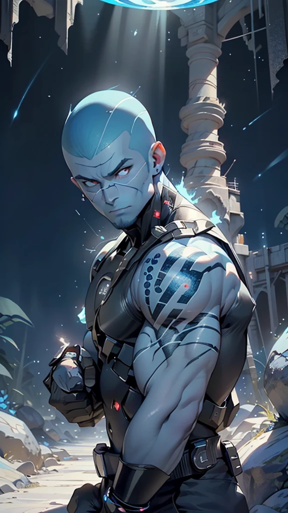Man with handsome face, luminescent blue tattoo, ((glowing red eyes)), extreme instinct, energy man, fire, lava, male, male muscular blue body, male bodybuilder,blue male pecs, blue skin, blue male, sexy, Neon ((Blue skin Body)), blue bodybuilder, masculine, ((shiny)) ((glowing)),muscular male blue synthetic biomech, divine pose, divine, devoid of face, (1male), flat face, action shot, cybernetic, fully blue, (devoid of hair), smooth, synthetic skin, synthetic muscles, accurate anatomy, all smooth, no plates, (blurry face), full white, (NOhumans), (Male Focus), armpit, masculine shape, masculine, rough, raised , sexy, correct anatomy, almost naked, bara,blue humanoid, barechested, male, white electricity coming through cracks, muscular male,((((blue body, blue face, completely blue skin, completely see-through body and skin,translucent skin))))
((Fantastical Bridge Ancient:1.5, dark stone-built, Glowing blue:1.5)),((Starry sky,Unknown constellations)),(Night, Silence,Mystery),((Dark tones in the background)),((broken earth,asteroid field:1.5)),(jagged dark rocks boulders and debris shooting into the air:1.3),Extraterrestrial scenery,dark asteroid belt,surrounded by several dark asteroids glowing with fiery auras, vast and mysterious universe,cosmic landscape,mysterious planet,scenery:1.25,((intricate scenery)),(black background, stars that do not shine, sense of space),
(Glossy Ancient ornaments),highres,sharp focus,(ultra detailed,extremely detailed),(photorealistic artwork:1.37),(extremely detailed CG unity 8k wallpaper),(((vibrant colors,vibrant theme))),(intricate),(masterpiece),(best quality),artistic photography,(photography taken by sldr),(intricate background),((intricate detail)),(((realism))),