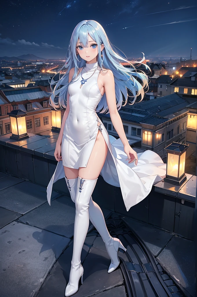 ((Biologically correct limb count)),(( From head to toe,Full-body photo including face)),4K,((Standing position)),masterpiece,((Focus on the face)),((Symmetrical facial features)),Eyes with detailed description,Beautiful woman,Great style,Beautiful arms,Beautiful legs,Beautiful Hands,(Small Ass,Thin thighs),Detailed depiction of the face,Small earrings,necklace,(Tight Dress((High heel long boots))),((evening,Looking out at the city from the school rooftop)),(((blue blonde))),Realistic photo,