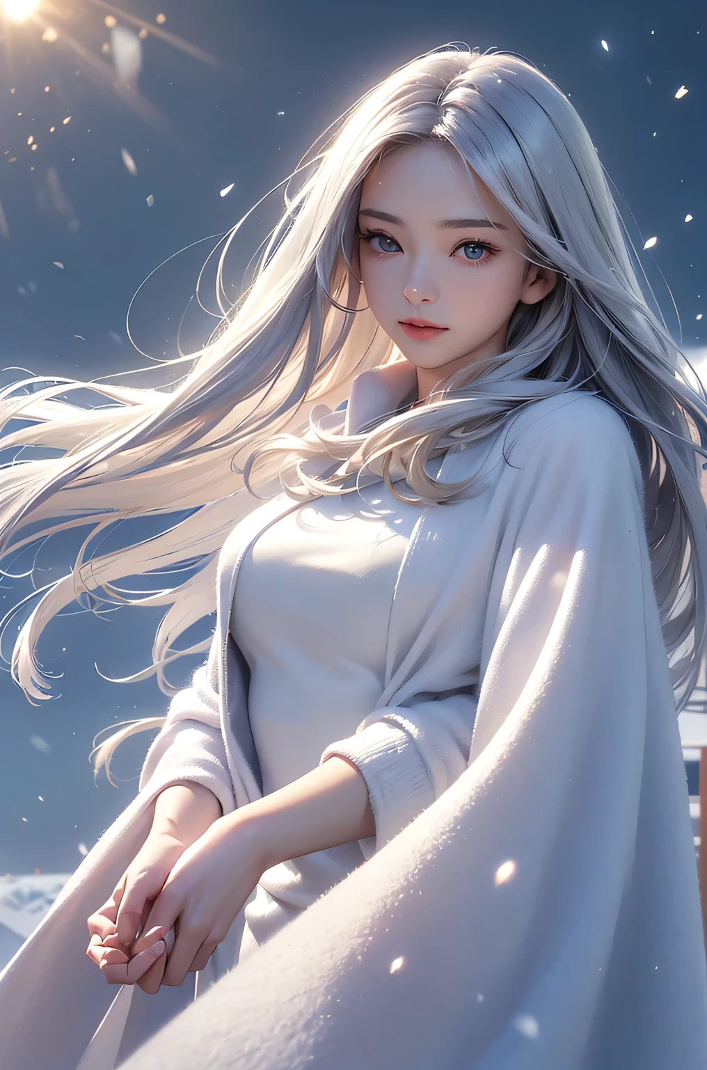 ((masterpiece:1.5、8k、Portraiture、Photorealistic and very detailed CG、Very detailed、Particle Effects、Dynamic Effects、Shallow depth of field、Cinematic Light、Lens flare、Ray Tracing、Tabletop、Realistic:1.4、Ultra-high resolution:1.2、Realistic、Realistic))((alone、Woman wearing a cashmere coat:1.4、Elegant woman posing、Detailed face、brightexpression、young, bright, Whiter skin、Ample breasts、Best Looks、Ultimate beauty、Shiny silver hair with highlights、bright and shiny hair,、Super long, Silky straight hair、Hair dancing in the wind))(morning、The setting is outdoors in the snow、Surrounded by illuminations)