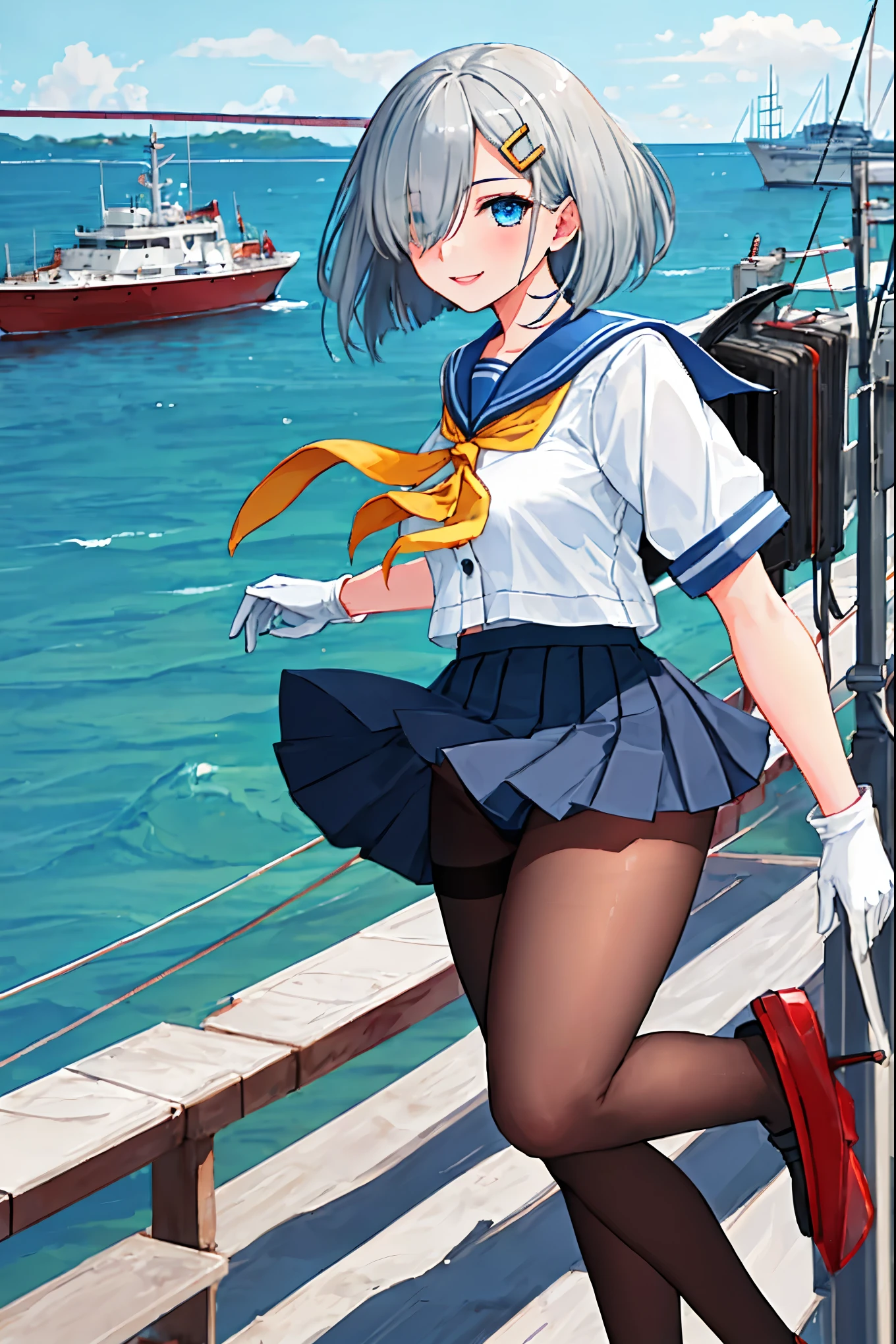 best quality, masterpiece, highres, solo, {hamakaze_kantaicollection:0.90}, 1girl, black_pantyhose, pleated_skirt, serafuku, short_sleeves, simple_background, white_background, yellow_neckerchief, white_gloves, looking_at_viewer, grey_skirt, blush, eyes_visible_through_hair, blue_sailor_collar, dynamic_posing,long_bangs,hair_over_one_eye,harbor_school_landscape_background,outdoor,smile,