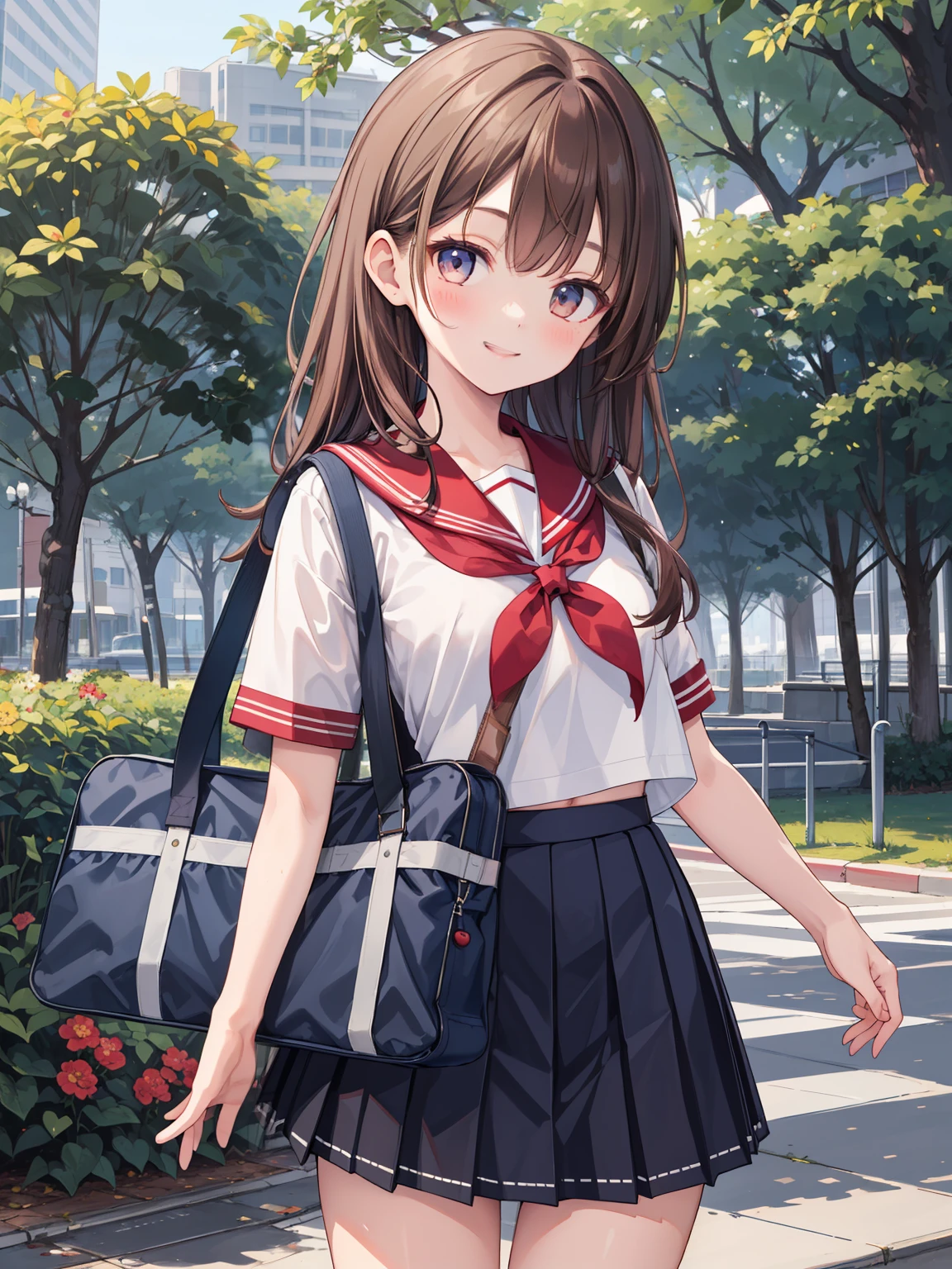 Masterpiece, hd, realistic, 1girl, 18 y.o, brown hair, long hair, serafuku, sailor_uniform, white_uniform, blue pleated skirt, red sailor collar, short sleeves, standing, park, smile, happy, holding bag, (bag:1.1)