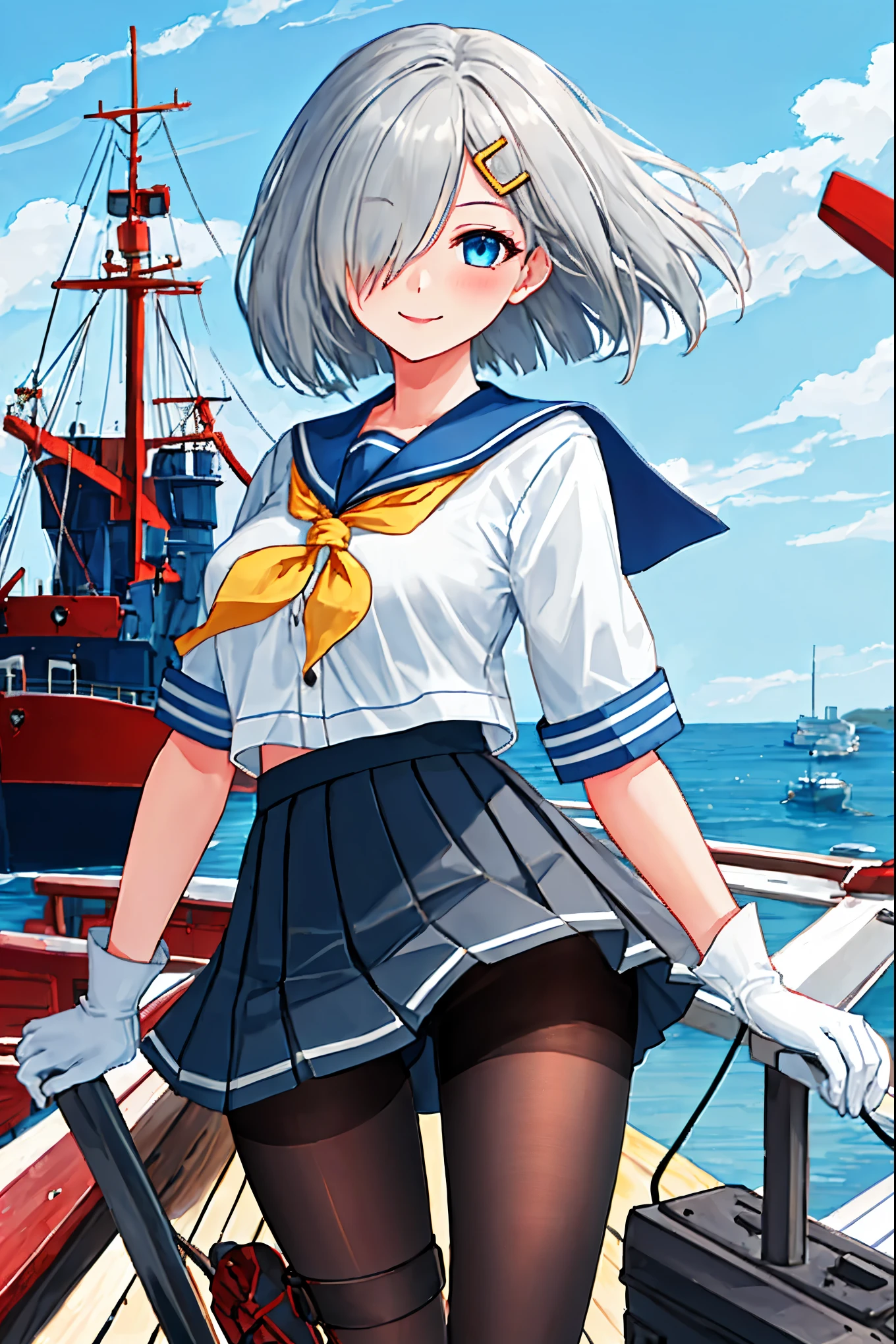 best quality, masterpiece, highres, solo, {hamakaze_kantaicollection:0.90}, 1girl, black_pantyhose, pleated_skirt, serafuku, short_sleeves, simple_background, white_background, yellow_neckerchief, white_gloves, looking_at_viewer, grey_skirt, blush, eyes_visible_through_hair, blue_sailor_collar, dynamic_posing,long_bangs,hair_over_one_eye,harbor_school_landscape_background,outdoor,smile,