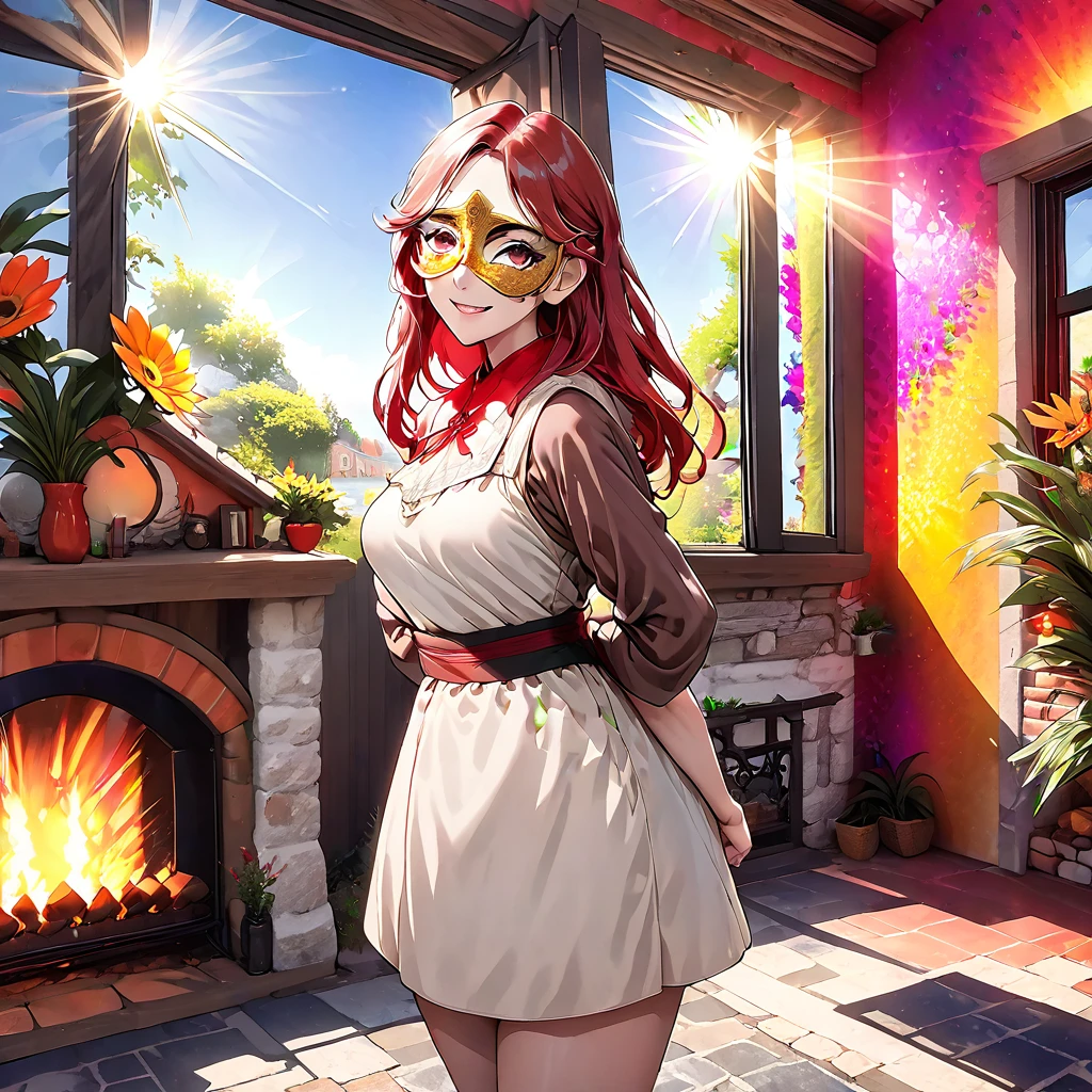 ((((Obra maestra, La mejor calidad, ultrahigh resolution)))), 1girl, standing, elegant dress, girl, ((very small black floppy in full view:1)), (long red hair in view, long hair:0.9, in frame), pale skin, ((grey eyes)), (glowing_eyes, luminescent eyes), (ultra detailed eyes:0.7, beautiful and detailed face, detailed eyes:0.9), ((centered)), smile, ((wide shot)), facing viewer, (((vibrant background of outside, cozy house interior with fireplace, bright lighting, summer, sunlight))), (medium breasts), looking at viewer, ((head, hips, elbows, arms, in view)), (((wide shot wearing a venetian mask)), ((hands behind back)), beautiful lighting, defined subject, (((cool))), ((sun glare, light breeze))