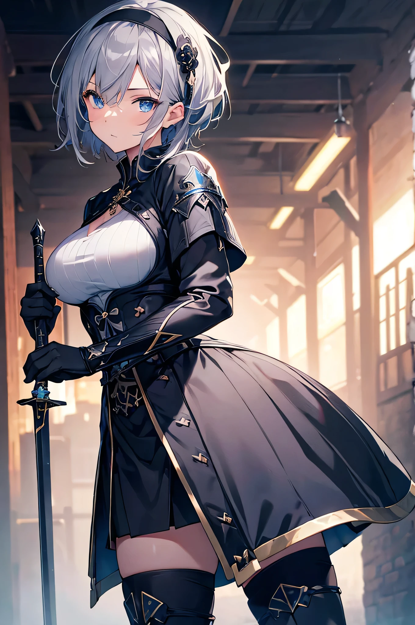 4K,High resolution,One Woman,Grey Hair,Short Hair,Blue eyes,Big Breasts,knight,Black knight armor,Black gloves,Black boots,hair band,Jewelry decoration,Long sword,Medieval town