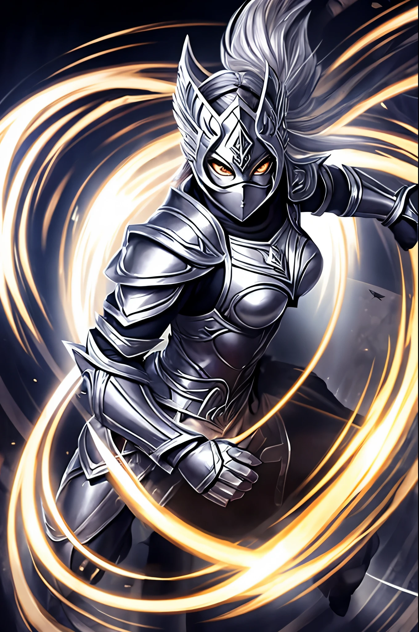 Silver female masked warrior overflowing power