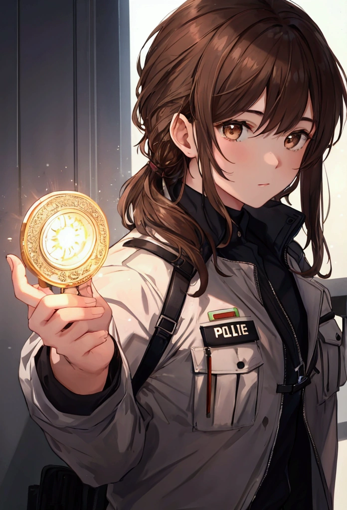 1 male, brown hair, brown eyes, policeman