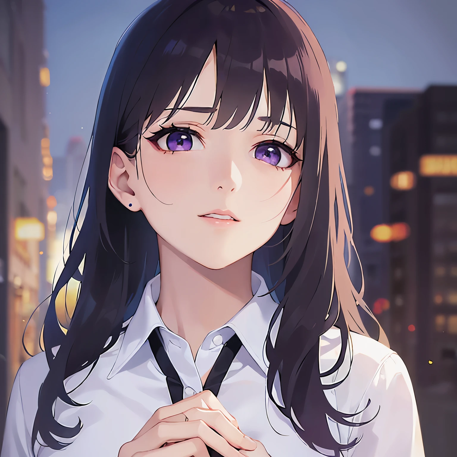 (looking away:1.5),Looking up、own hands together、
Realistic, real person, (pale skin: 1.2), RAW photo, photorealistic, shiny skin, shiny hair、
(A 25-year-old woman with straight hair and bangs) and (medium hair) and (black hair) and (purple eyes) ,
(Wearing a business suit) and (Wearing a white collared shirt)、
Cleavage、blush,The background is the city at night,