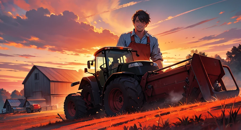 Man smiling on the farm, holding plow, crimson sky