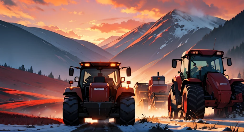 Man smiling on the farm, holding plow, crimson sky