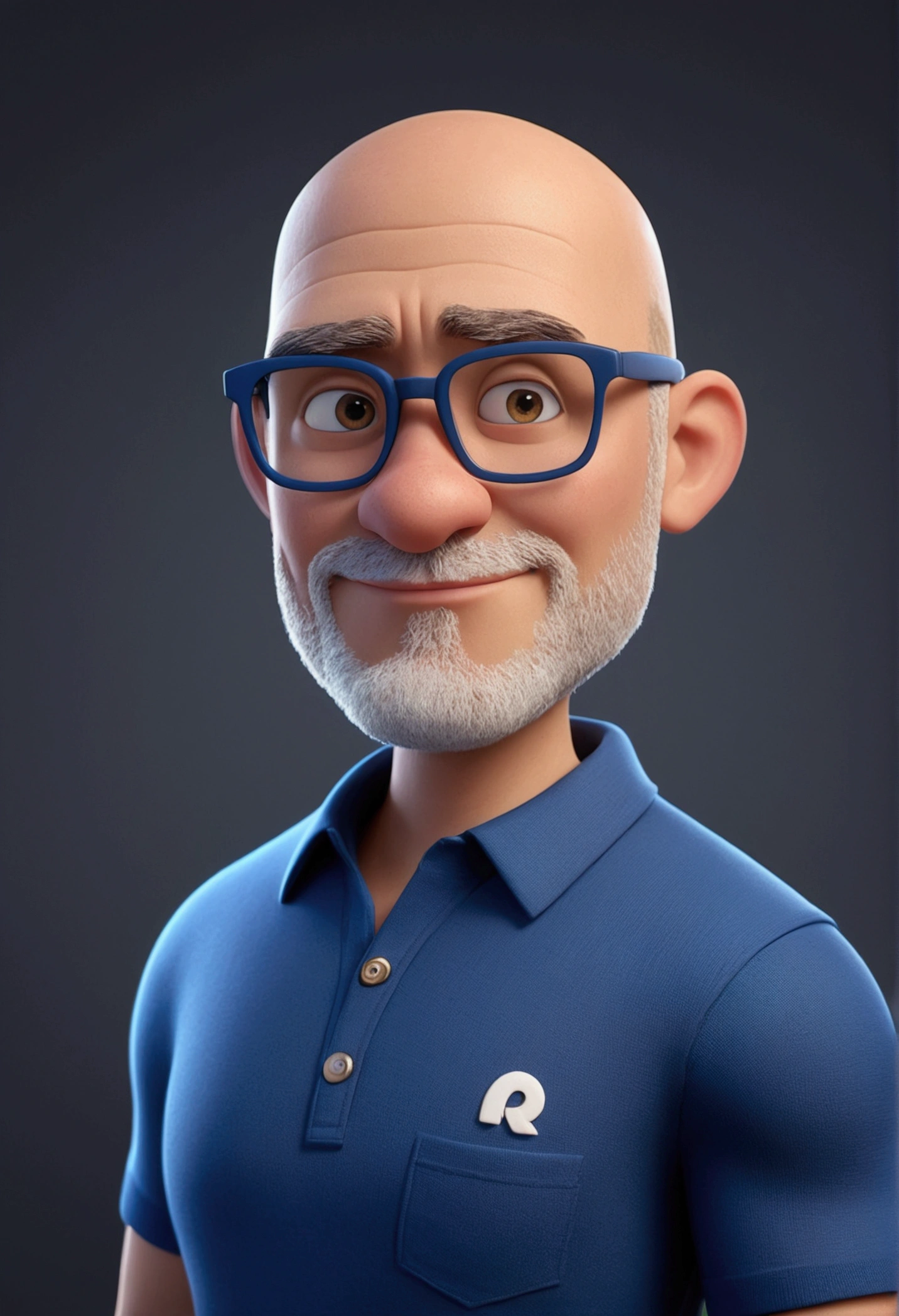cartoon character of a bald man with small gray beard, with square-style prescription glasses and a dark blue polo shirt, animation character, stylized character, animation style rendering, 3d stylized, Arnold Maya rendering, Stylized 3D rendering, toon render screenshot, 3d character, 3d character, Stylized 3D rendering, 3D character rendering, cartoon character, Personagem de close up, character posing, (Pixar-style) (master part:1.2) (bokeh) (best qualityer) (skin detailed) (detailed texture) (8k) (Argilla) (cinematic lighting) (sharp focus) and white image background
