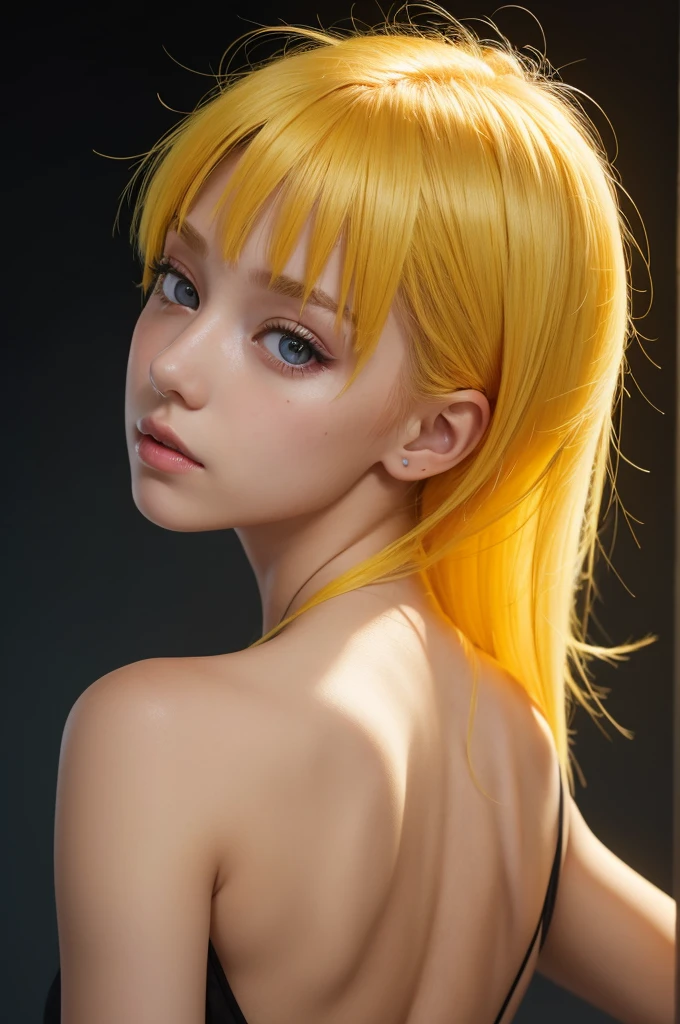 A girl with a yellow hair, yellow details in her skin and back eyes looking at a colorful light 