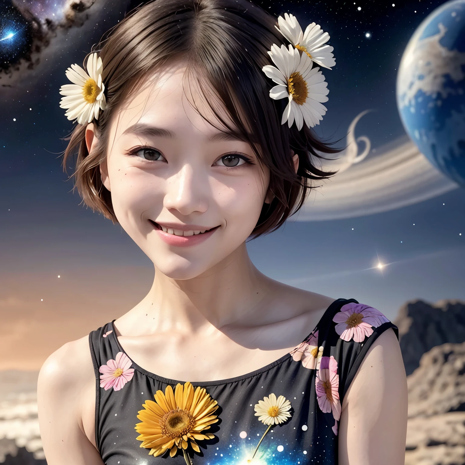 258 19-year-old female, (short hair),(Abstract background,universe), smile, flower