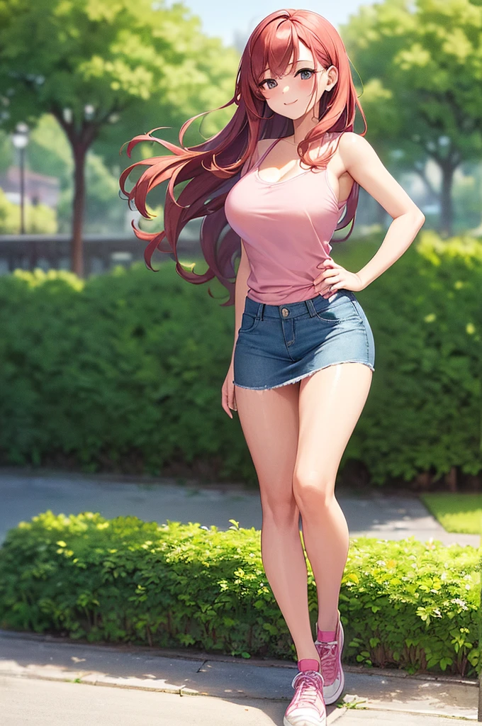 ((masterpiece, best quality, ultra-detailed)), 1girl, beautiful woman in park, smiling, blush, wearing pink cropped tank top and headphones, denim midi pencil skirt, sneakers, full body, wavy red hair, wide hips, summer garden, park