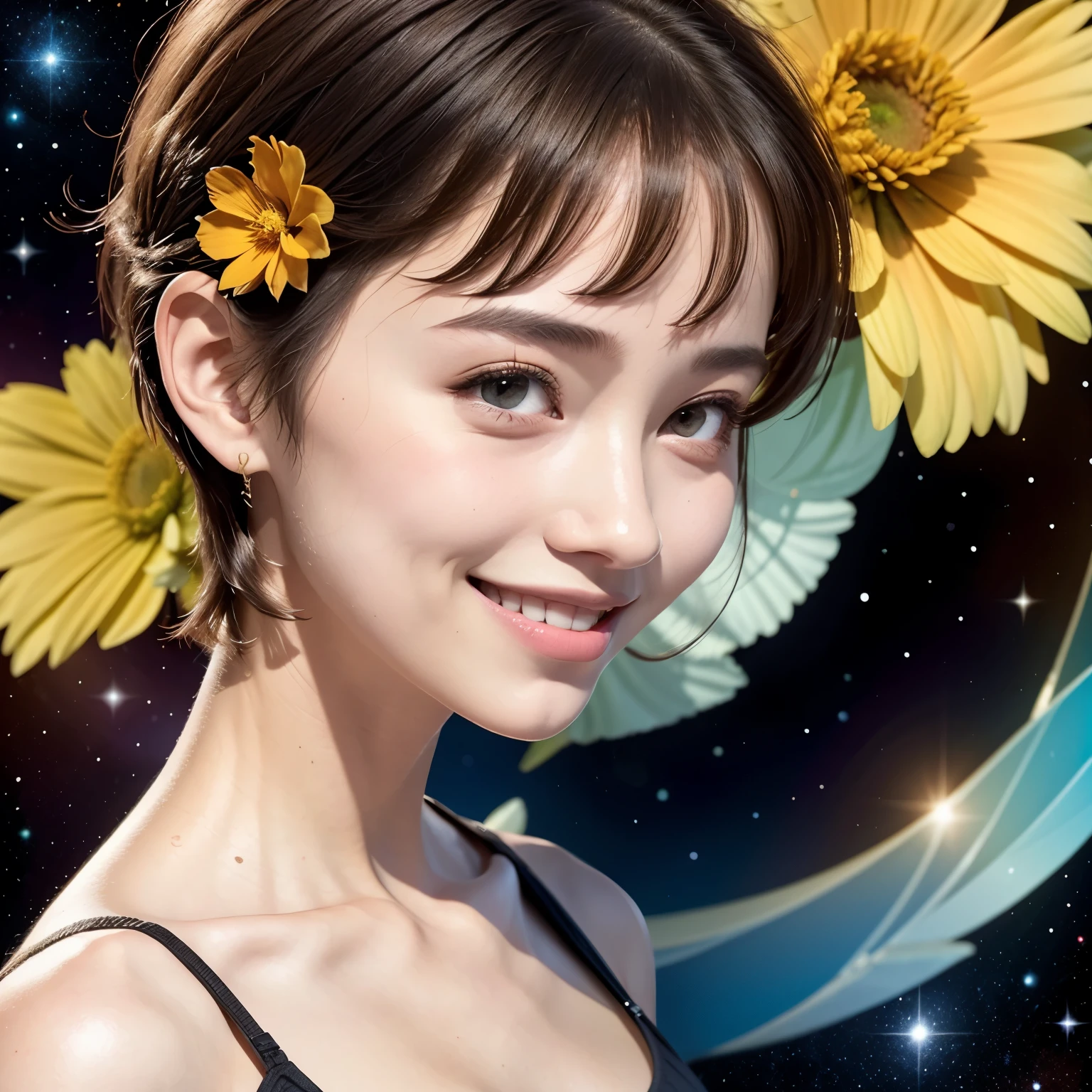 258 19-year-old female, (short hair),(Abstract background,universe), smile, flower