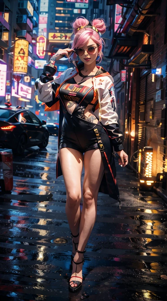 masterpiece, Maximum quality, ultra high resolution, 8k, A woman,beauty,21 years,White skin,High-tech glasses, extremely beautiful,strong look, alone,bust portrait,cyberpunk costume, extremely detailed face, detailed eyes, evil smile, happy, realistic photo, totally realistic, human skin, studio lighting,golden ratio body, Wide hips,perfect legs, big ass,pink hair, double buns,blunt bangs,orange and white clothes,D cup breasts,in the cyberpunk city,cyberpunk city background,((evening)),rain,pose lateral,tattoos