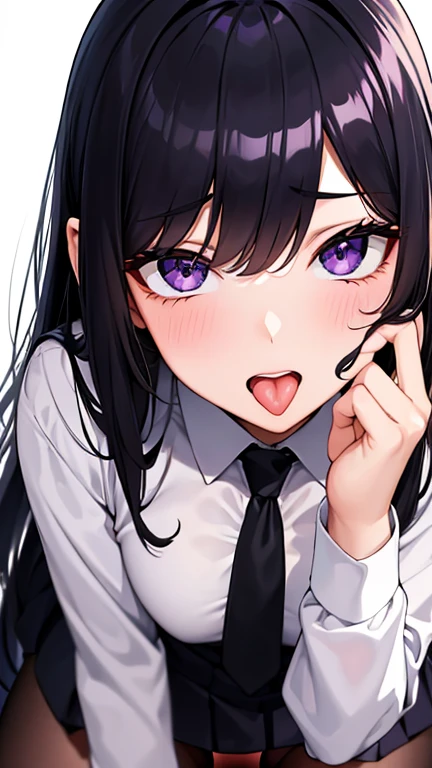 Highest quality, Soft Light, Ultra-high resolution,People Girls, alone, sexy, (Ecstatic face), (Purple eyes), Beautiful face in every detail,(High resolution detail of human skin texture), (Black long hair), break,Dress shirt,tie,Blazer uniform,Pleated skirt,Black Stockings,(Fellatio gestures:1.2), (Open your mouth:1.2),tongue,Sigh,Look into the viewer,Pull down your panties