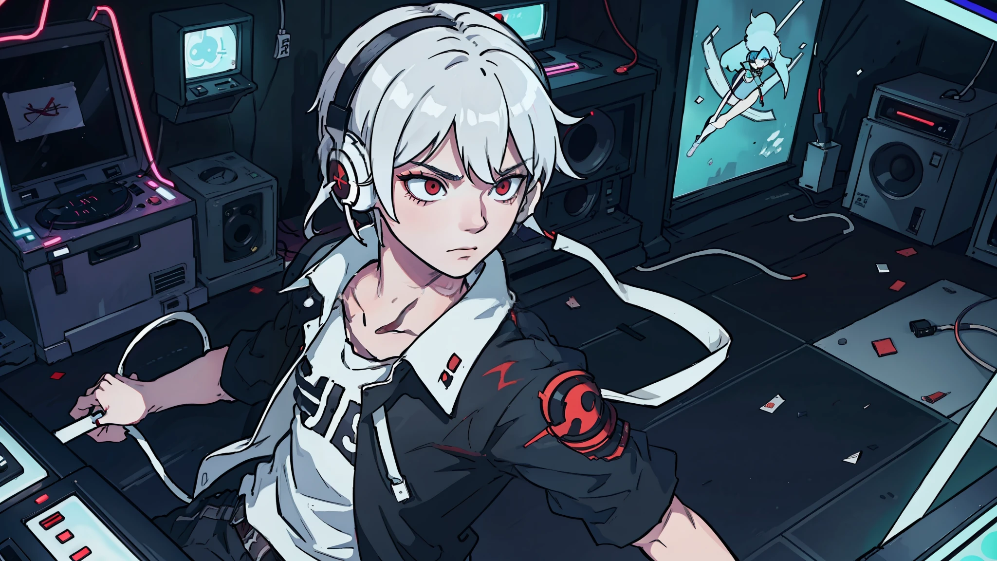 kaneki ken, White hair, Eyes red, black tee, pale skin, listening to music with headphones in room full of arcades, 80s style, With neon lights. 