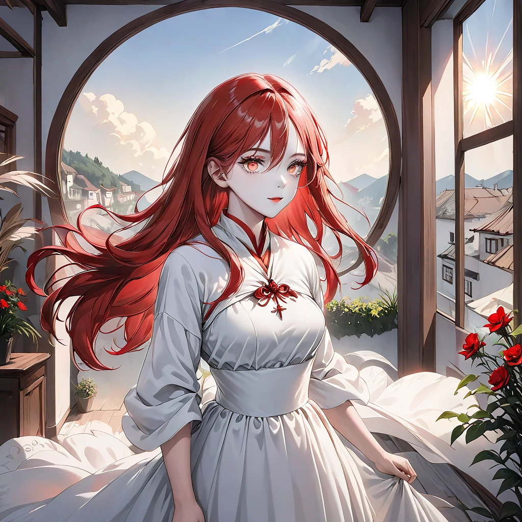 ((((Obra maestra, La mejor calidad, ultrahigh resolution)))), 1girl, standing, elegant dress, girl, ((very small black floppy in full view:1)), (long red hair in view, long hair:0.9, in frame), pale skin, ((grey eyes)), (glowing_eyes, luminescent eyes), (ultra detailed eyes:0.7, beautiful and detailed face, detailed eyes:0.9), ((centered)), smile, ((wide shot)), facing viewer, (((vibrant background of outside, cozy house interior with fireplace, bright lighting, summer, sunlight))), (medium breasts), looking at viewer, ((head, hips, elbows, arms, in view)), (((wide shot wearing a venetian mask)), ((hands behind back)), beautiful lighting, defined subject, (((cool))), ((sun glare, light breeze))