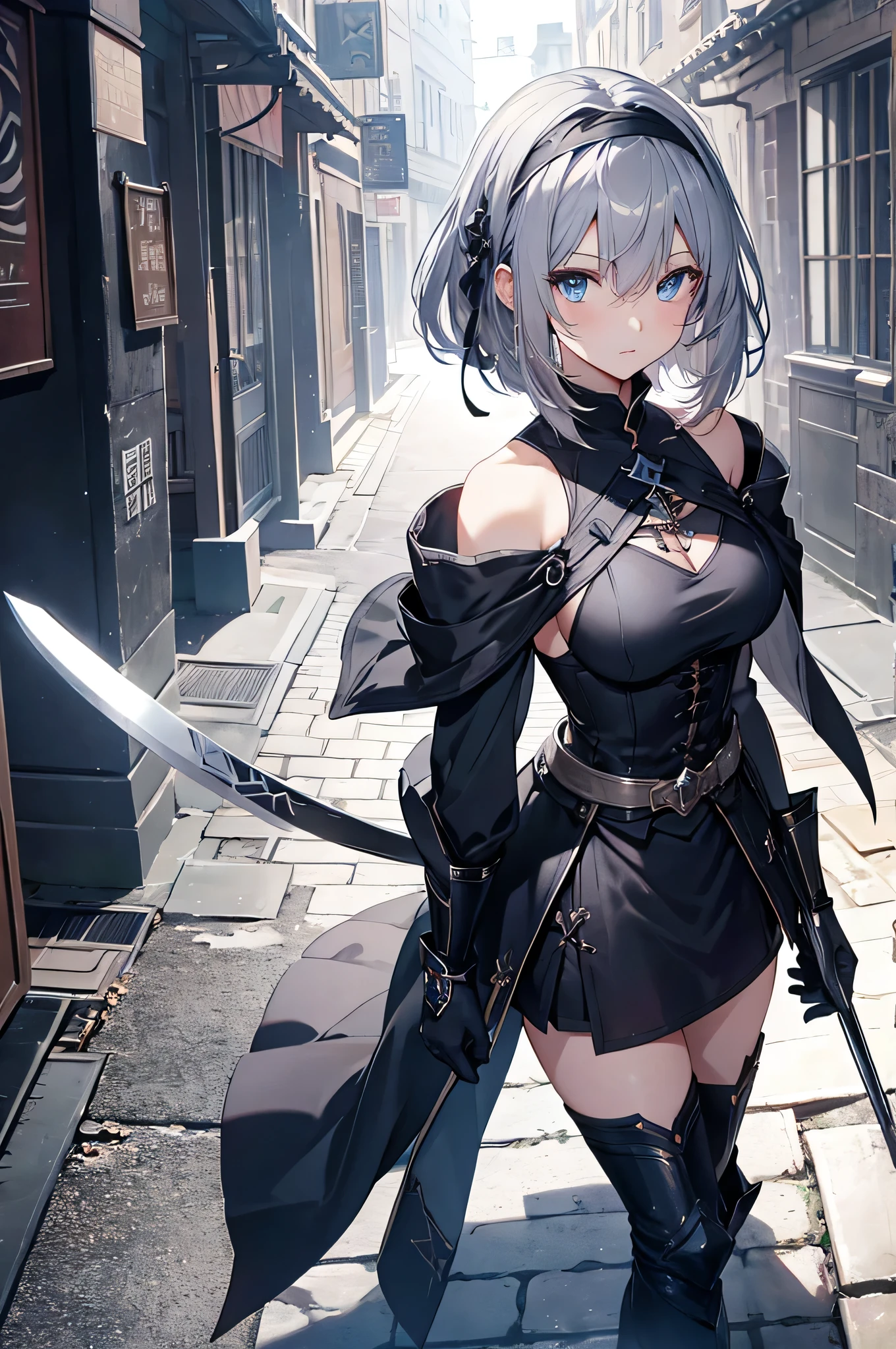 4K,High resolution,One Woman,Grey Hair,Short Hair,Blue eyes,Big Breasts,knight,Black knight armor,Black gloves,Black boots,hair band,Jewelry decoration,Long sword,Medieval town