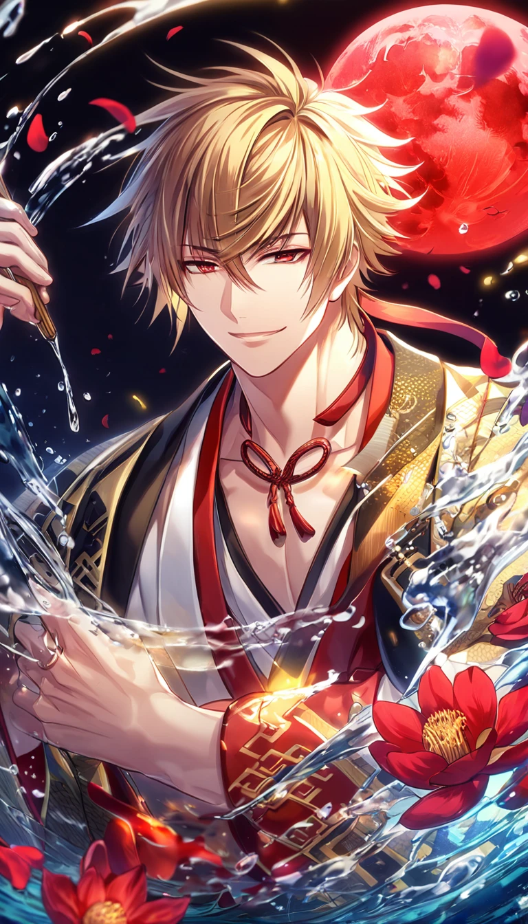 absurdres, highres, ultra detailed, HDR, master piece, Kazama Chikage, honey blonde hair, expressive red eyes, white kimono with red trim, a dark-brown collar with yellow and red trim, black haori with yellow trim, Hakuouki, sexy man, water, handsome, best quality, red flowers, fantasy, magical, solo, red shining fireflies, red petals, handsome smile, red moon,