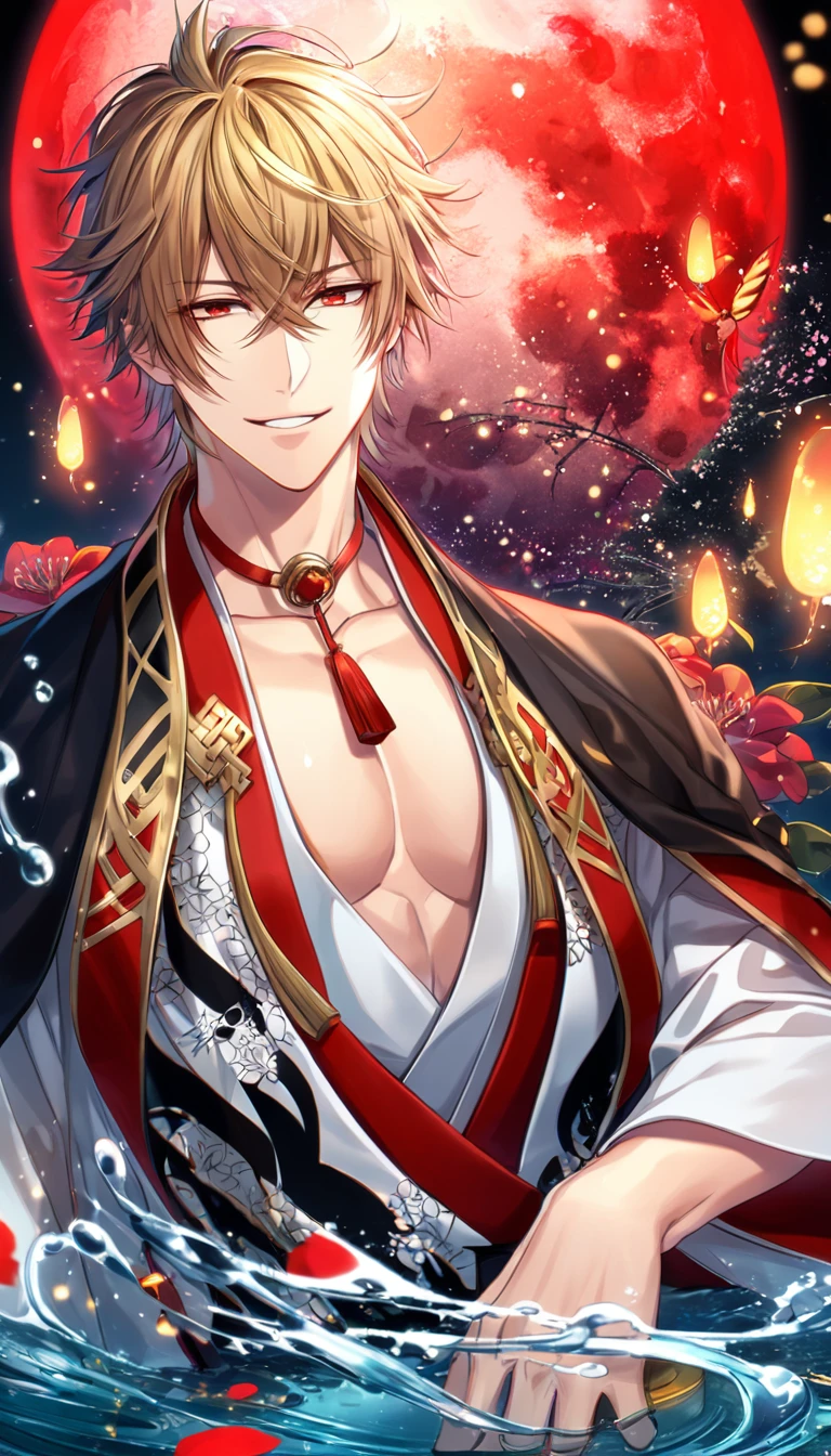 absurdres, highres, ultra detailed, HDR, master piece, Kazama Chikage, honey blonde hair, expressive red eyes, white kimono with red trim, a dark-brown collar with yellow and red trim, black haori with yellow trim, Hakuouki, sexy man, water, handsome, best quality, red flowers, fantasy, magical, solo, red shining fireflies, red petals, handsome smile, red moon,